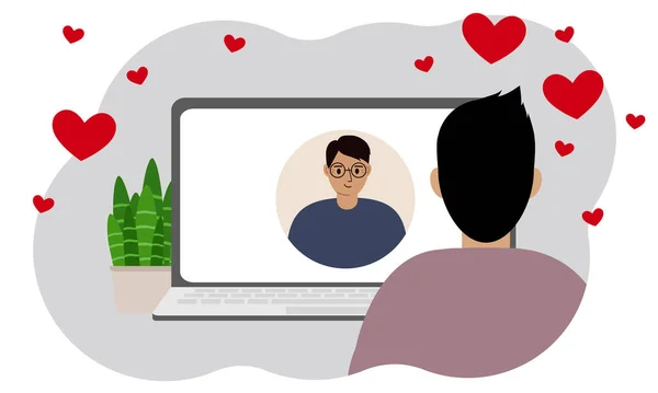 オンライン通信 距離で愛 男はノートパソコンを通して男と通信する ベクトル平図 — ストックベクタ