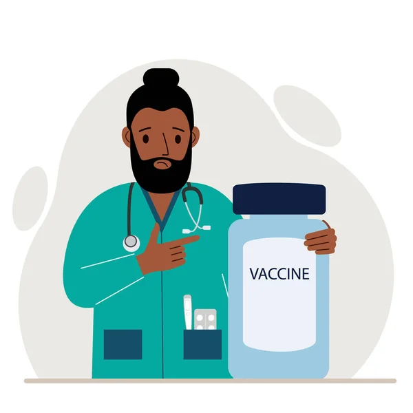 Triste Médecin Masculin Côté Pot Vaccin Une Pandémie Illustration Vectorielle — Image vectorielle