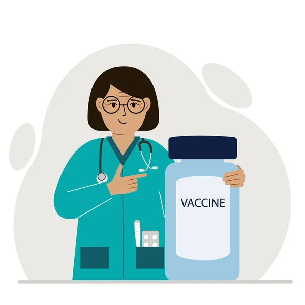Femme Médecin Souriante Côté Pot Vaccin Une Pandémie Illustration Vectorielle — Image vectorielle