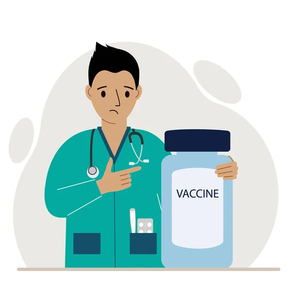 Triste Médecin Masculin Côté Pot Vaccin Une Pandémie Illustration Vectorielle — Image vectorielle