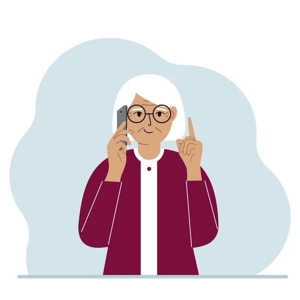 Leende Mormor Pratar Mobiltelefon Med Känslor Den Ena Handen Med — Stock vektor