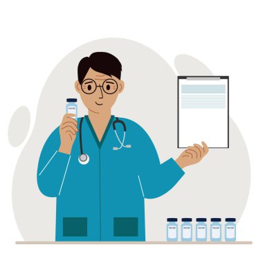 Aşı kavramı. Doktor bir aşı ve bir belge tutuyor. Aşı teslimatı. Sosyal medya kampanyası konsepti, broşür. Vektör düz resimleme