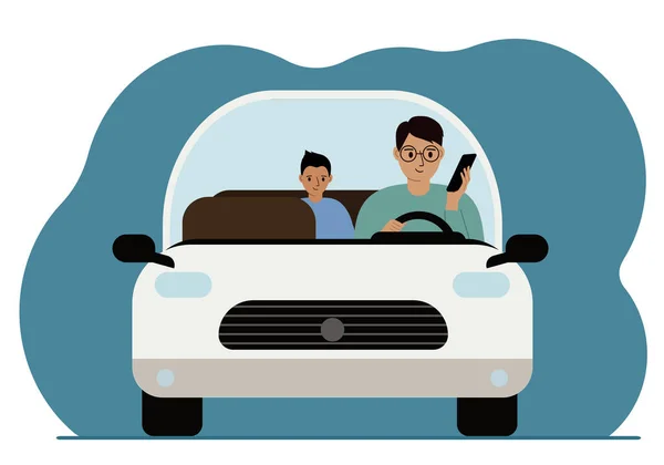 Człowiek Używający Smartfona Podczas Jazdy Samochodem Mężczyzna Nosi Syna Samochodzie — Wektor stockowy