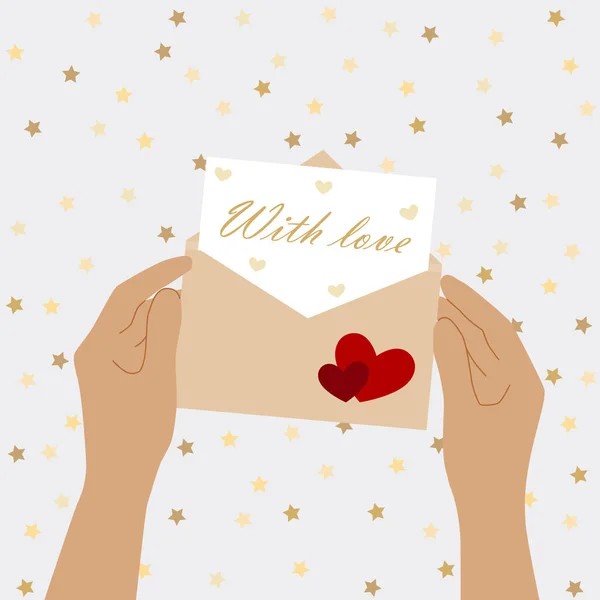 Happy Valentine Day Card Concept Hands Hold Envelope Letter Vector — Stock Vector