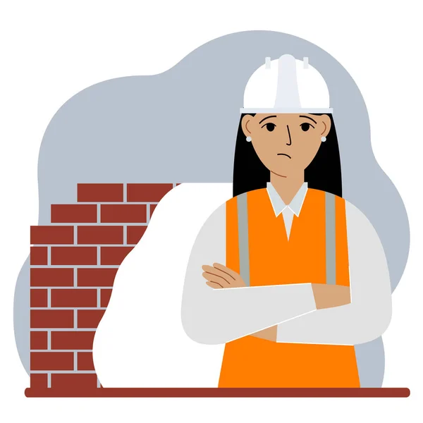 Triste Ouvrière Construction Avec Casque Blanc Gilet Orange Ingénieur Illustration — Image vectorielle