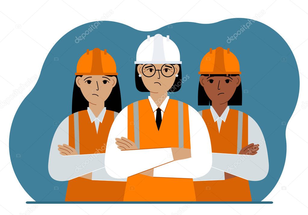 A team of sad construction workers in white and orange hard hats and orange vests. Engineer and builders. Vector flat illustration