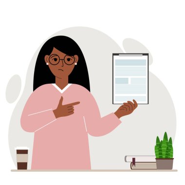 Belgeli bir pano tutan üzgün kadın parmağını ona doğrultuyor. Vektör düz resimleme