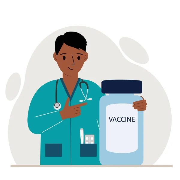 Médecin Souriant Côté Pot Vaccin Une Pandémie Illustration Vectorielle Plate — Image vectorielle