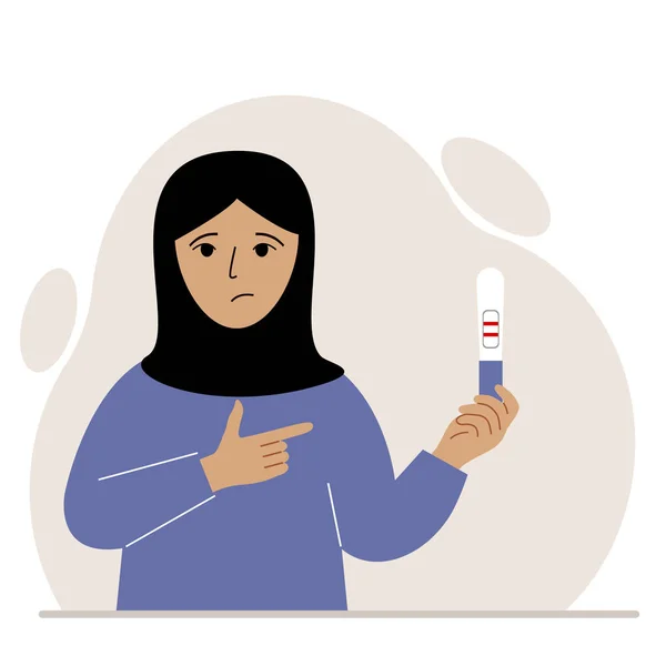 Woman Wearing Traditional Islamic Headscarf Looks Sadly Positive Pregnancy Test — Stock Vector