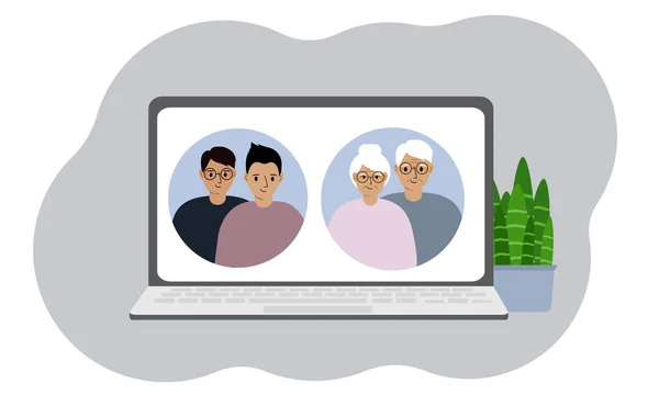笔记本电脑视频 老的养恤金领取者祖父母人们待在家里 用互联网上的平面矢量图解 — 图库矢量图片