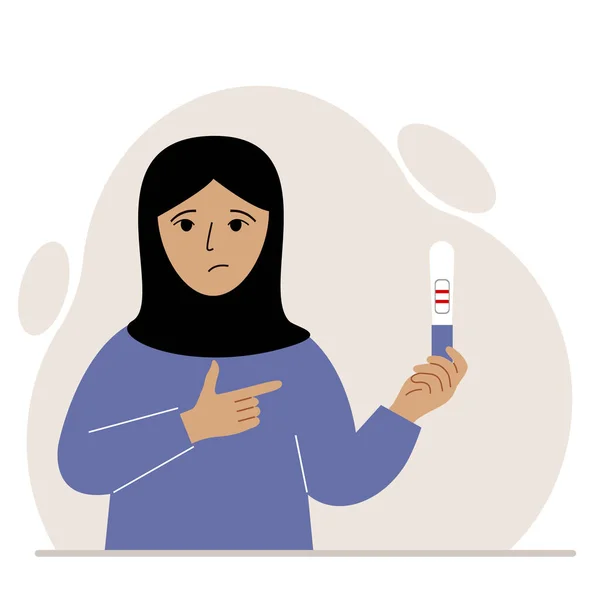 Žena Tradičním Islámském Šátku Smutně Dívá Pozitivní Výsledek Těhotenského Testu Vektorová Grafika