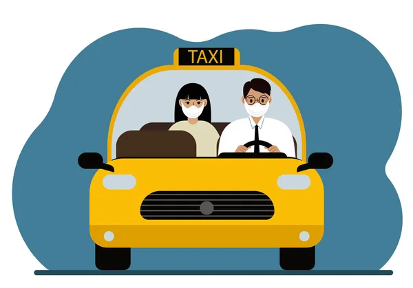 Žlutý Taxík Muž Taxikář Košili Kravatě Lékařské Masce Nese Pasažérku Royalty Free Stock Ilustrace