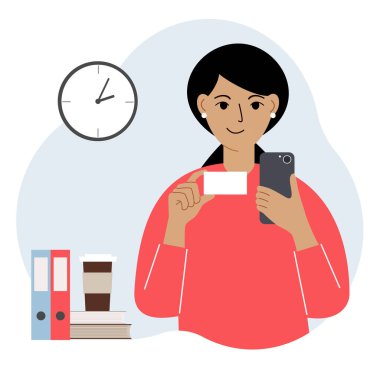 Elinde cep telefonu olan bir kadın kartvizit tutuyor. Metin için boş kart alanı. Vektör düz resimleme