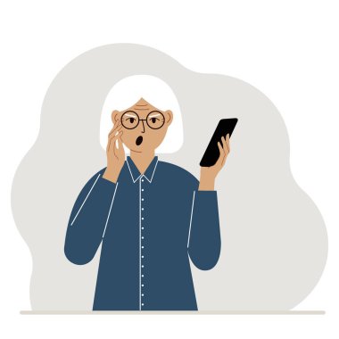 Bir kadın cep telefonuna bakar. Ağzı açık bir kadın, elinde tuttuğu telefona bakar. Vektör düz resimleme.