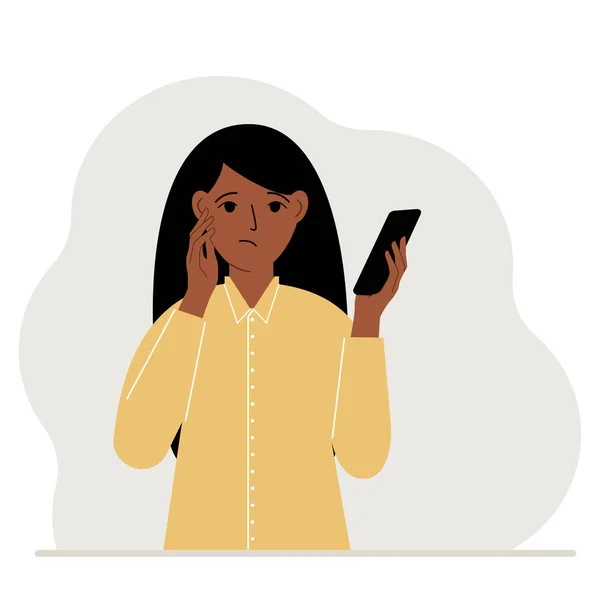 Una Donna Guarda Cellulare Una Donna Guarda Tristemente Telefono Che — Vettoriale Stock