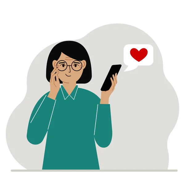 Elégedett Olvas Egy Üzenetet Mobilján Üzenet Vörös Szívvel Vektorlapos Illusztráció — Stock Vector