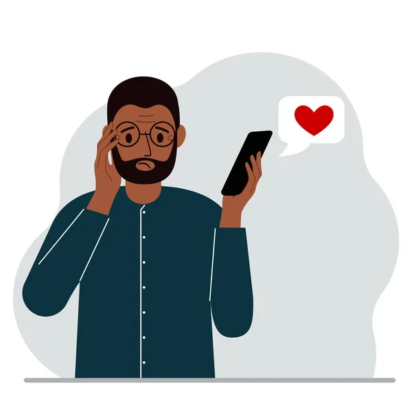 Homem Triste Uma Mensagem Telemóvel Mensagem Com Coração Vermelho Ilustração —  Vetores de Stock