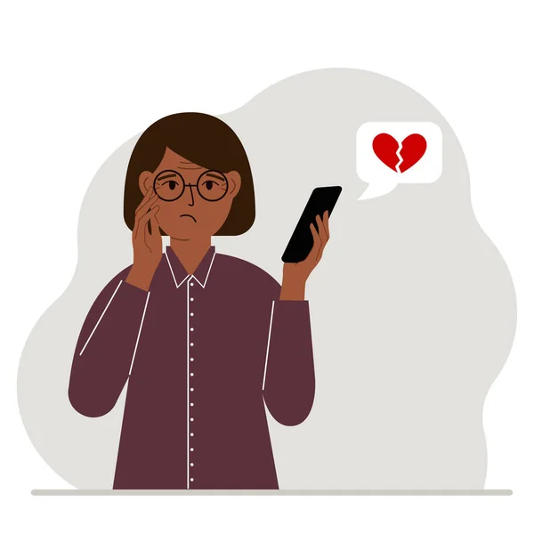 悲しい女性が携帯電話でメッセージを読んでいる 赤いハートが壊れたメッセージ ベクトル平図 — ストックベクタ