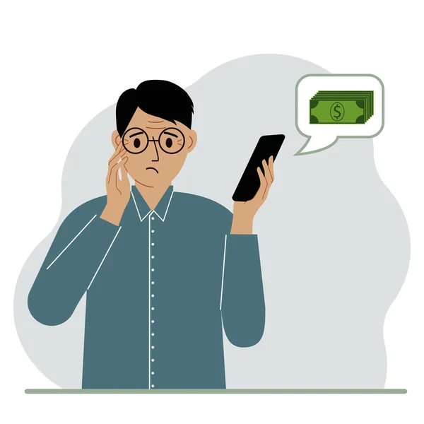 Uomo Triste Telefono Che Ricevuto Messaggio Sui Soldi Concetto Guadagni — Vettoriale Stock