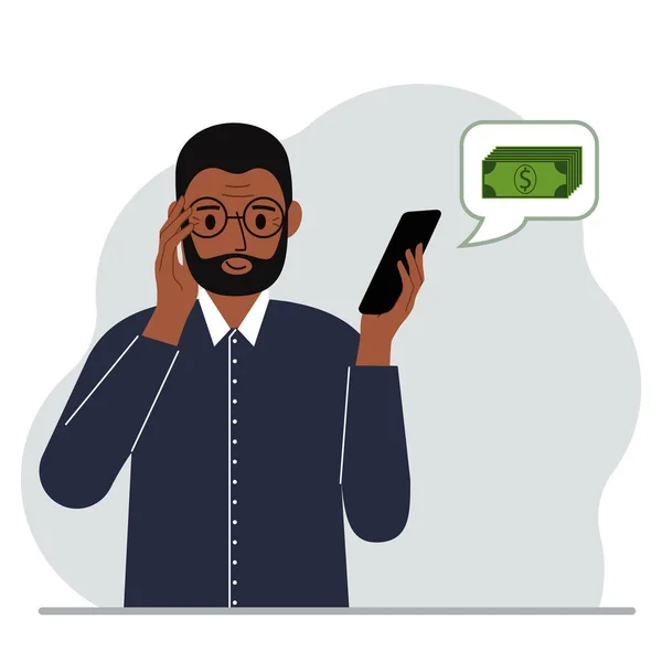 Uomo Soddisfatto Tiene Telefono Quale Arrivato Messaggio Sul Denaro Concetto — Vettoriale Stock