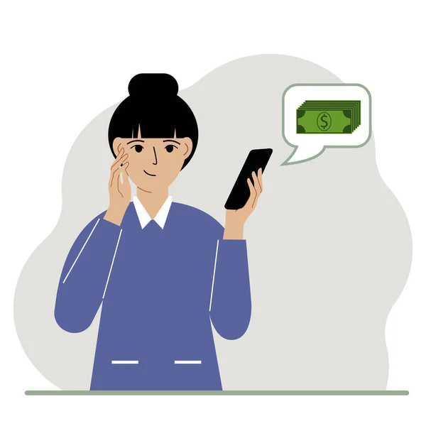 Uma Mulher Satisfeita Tem Telefone Qual Chegou Uma Mensagem Sobre — Vetor de Stock