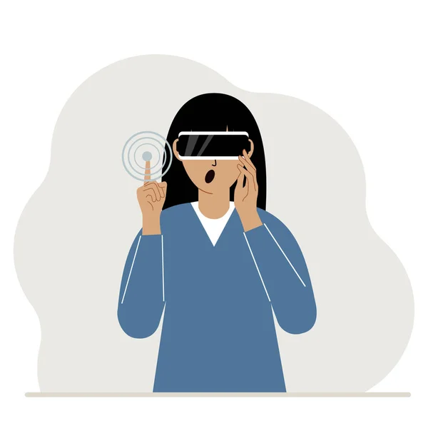 强化或扩展现实的概念 戴3D眼镜或虚拟现实耳机的女人 矢量平面插图 — 图库矢量图片