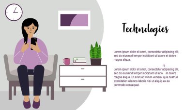 Mutlu kadın cep telefonuyla meşgul, sandalyede oturuyor. Dinlen ve evde çalış. Vektör düz resimleme