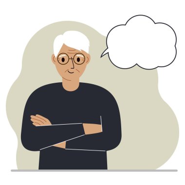 Gülümseyen ve boş düşünceleri olan yaşlı bir adam, konuşma balonu. Büyükbaba kolları göğsünde çaprazlanmış. Mesajın için yer aç. Vektör düz resimleme