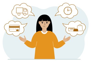 Sipariş ve teslim süreci kavramları. Mutlu kadın ve teslimat emrinin adımları. Ödeme, teslimat arabası, bekleme saatleri, mallar ve alımlar. Vektör düz resimleme