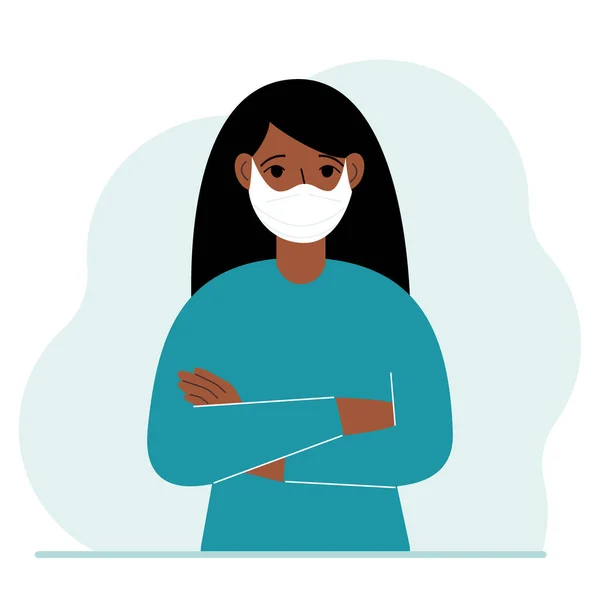 一个戴防护口罩的女人这名妇女穿着防毒服 防止城市空气污染 蒸气和污染气体排放 矢量平面插图 — 图库矢量图片