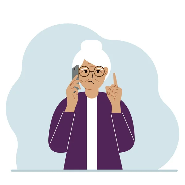 悲伤的祖母用感情的手机说话 一只手拿着电话 另一只手拿着食指向上的手势 矢量平面插图 免版税图库插图