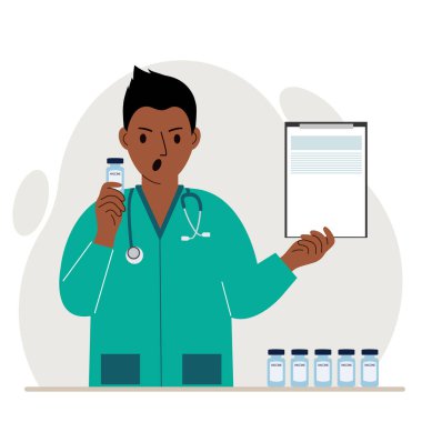 Aşı kavramı. Doktor bir aşı ve bir belge tutuyor. Aşı teslimatı. Sosyal medya kampanyası konsepti, broşür. Vektör düz resimleme