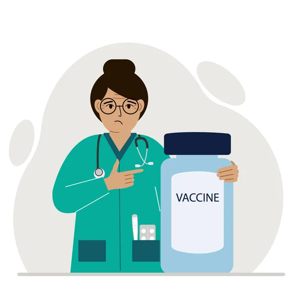 Triste Femme Médecin Côté Pot Vaccin Une Pandémie Illustration Vectorielle — Image vectorielle