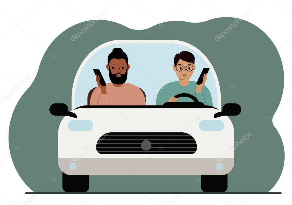 Man using smartphone while driving a car. A man is carrying his family in a car. Driving hazard. Vector flat illustration