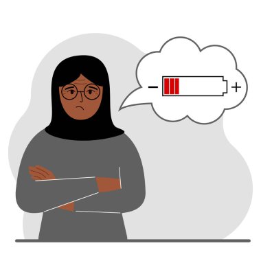 Düşük bataryanın kavramsal çizimi. Üzgün kadın suçlamayı düşünüyor. Vektör düz resimleme