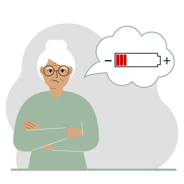 Illustration Conceptuelle Une Batterie Faible Triste Grand Mère Pense Charger — Image vectorielle