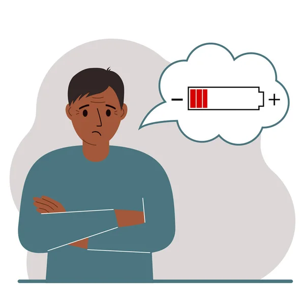 Illustration Conceptuelle Une Batterie Faible Triste Homme Pense Charger Illustration — Image vectorielle