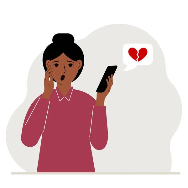 驚いた女性が携帯電話でメッセージを読んでいる 赤いハートが壊れたメッセージ ベクトル平図 — ストックベクタ