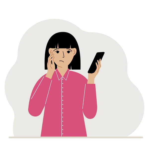 Una Mujer Mira Teléfono Móvil Una Mujer Mira Tristemente Teléfono — Vector de stock
