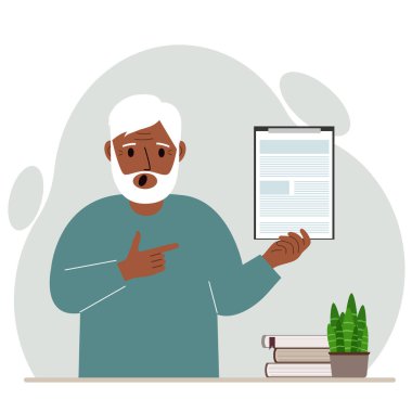 Ağzı açık bağıran büyükbaba elinde bir belgeyle bir pano tutuyor ve parmağını ona doğrultuyor. Vektör düz resimleme