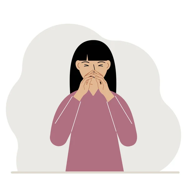 Γυναίκα Καλύπτει Μύτη Του Χέρια Του Έννοια Του Αρρώστου Φτάρνισμα — Διανυσματικό Αρχείο
