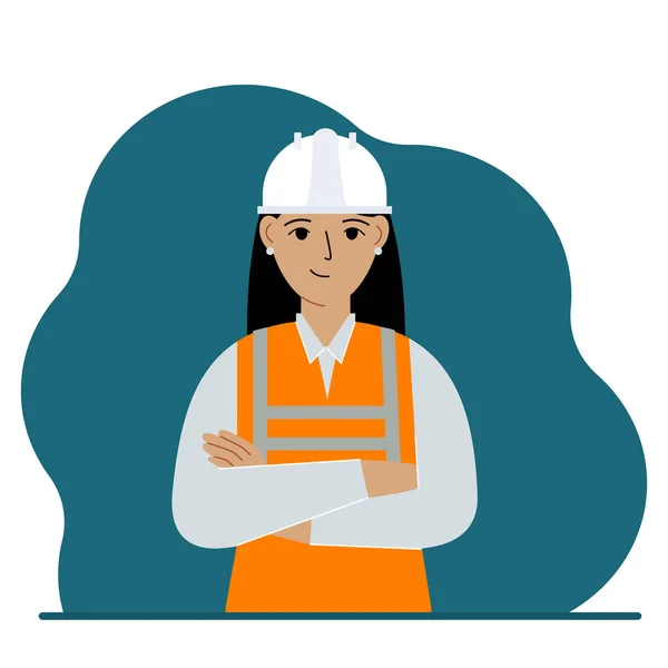 白いヘルメットとオレンジのベストで笑顔の女性建設労働者 技術者 ベクトル平図 — ストックベクタ
