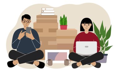 Karşılıklı dizüstü bilgisayarlı ve cep telefonlu bir çift teslimat siparişi veriyor. Karton kutularda bir sürü şey var. Aile başka bir eve taşınmaya hazırlanıyor. Vektör düz resimleme.