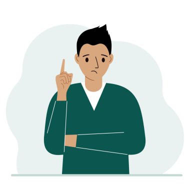 Üzgün adam işaret parmağını kaldırıyor. Vektör düz resimleme