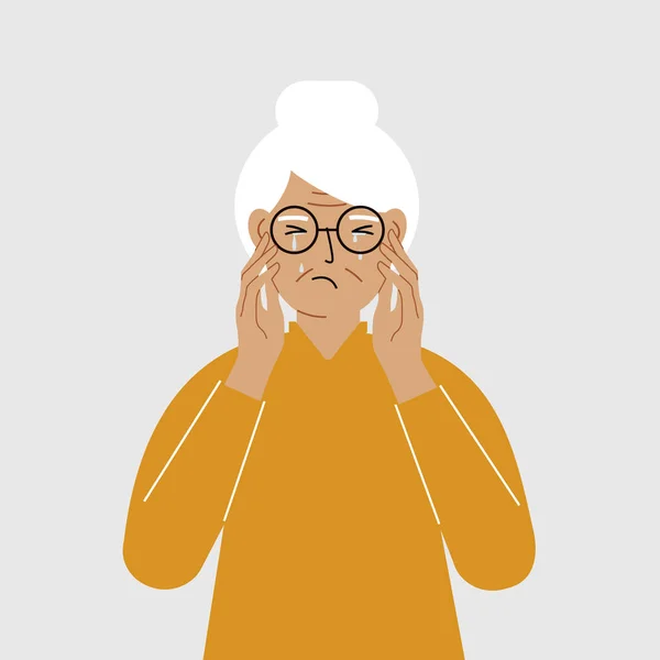 心烦意乱的祖母哭了 双手抱头 痛苦和沮丧的概念 矢量平面插图 — 图库矢量图片