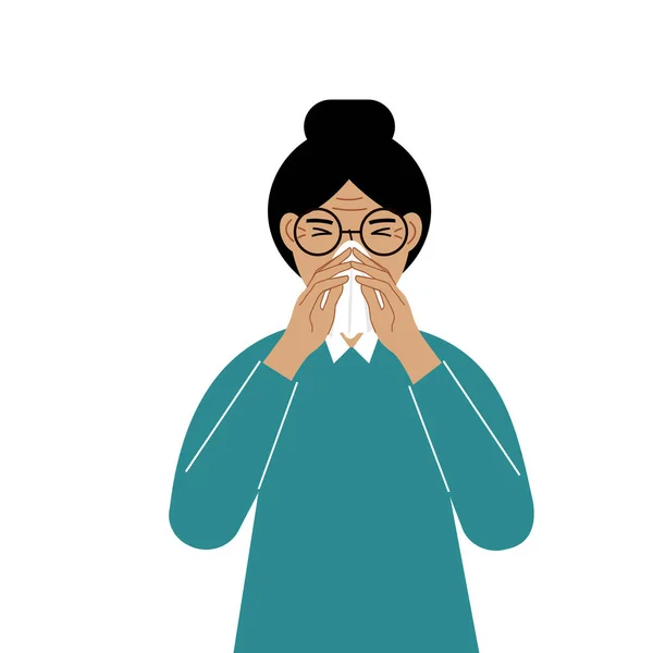 Μια γυναίκα καλύπτει τη μύτη του με ένα μαντήλι. Η έννοια του αρρώστου, φτάρνισμα, εποχιακές αλλεργίες, άσχημη μυρωδιά. — Διανυσματικό Αρχείο