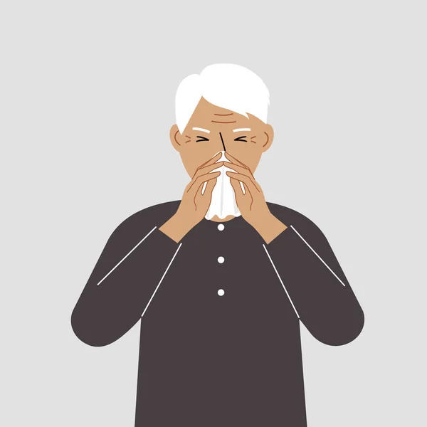 Een grootvader bedekt zijn neus met zijn handen met een zakdoek. Het concept van een ziek persoon, niezen, seizoensgebonden allergieën, slechte geur. — Stockvector