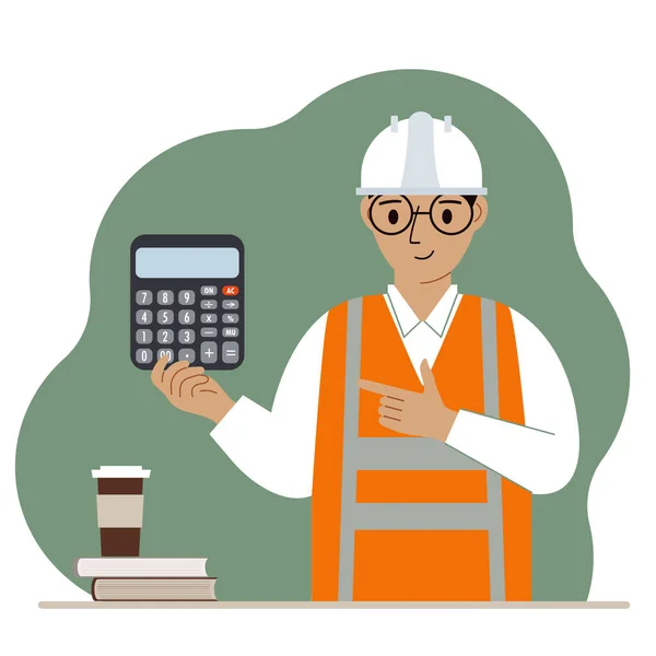 Engenheiro em um capacete de construção branco e colete laranja com uma calculadora. Vetor — Vetor de Stock