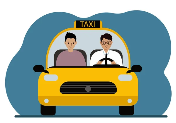 Gul taxibil. En man i skjorta och slips, taxichaufför, bär en manspassagerare. Förgrundsinformation. Vektor — Stock vektor