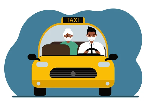 Gul taxibil. En man i skjorta och slips, taxichaufför, bär en passagerare till sin mormor. Framifrån. Alla bär medicinska masker.. — Stock vektor